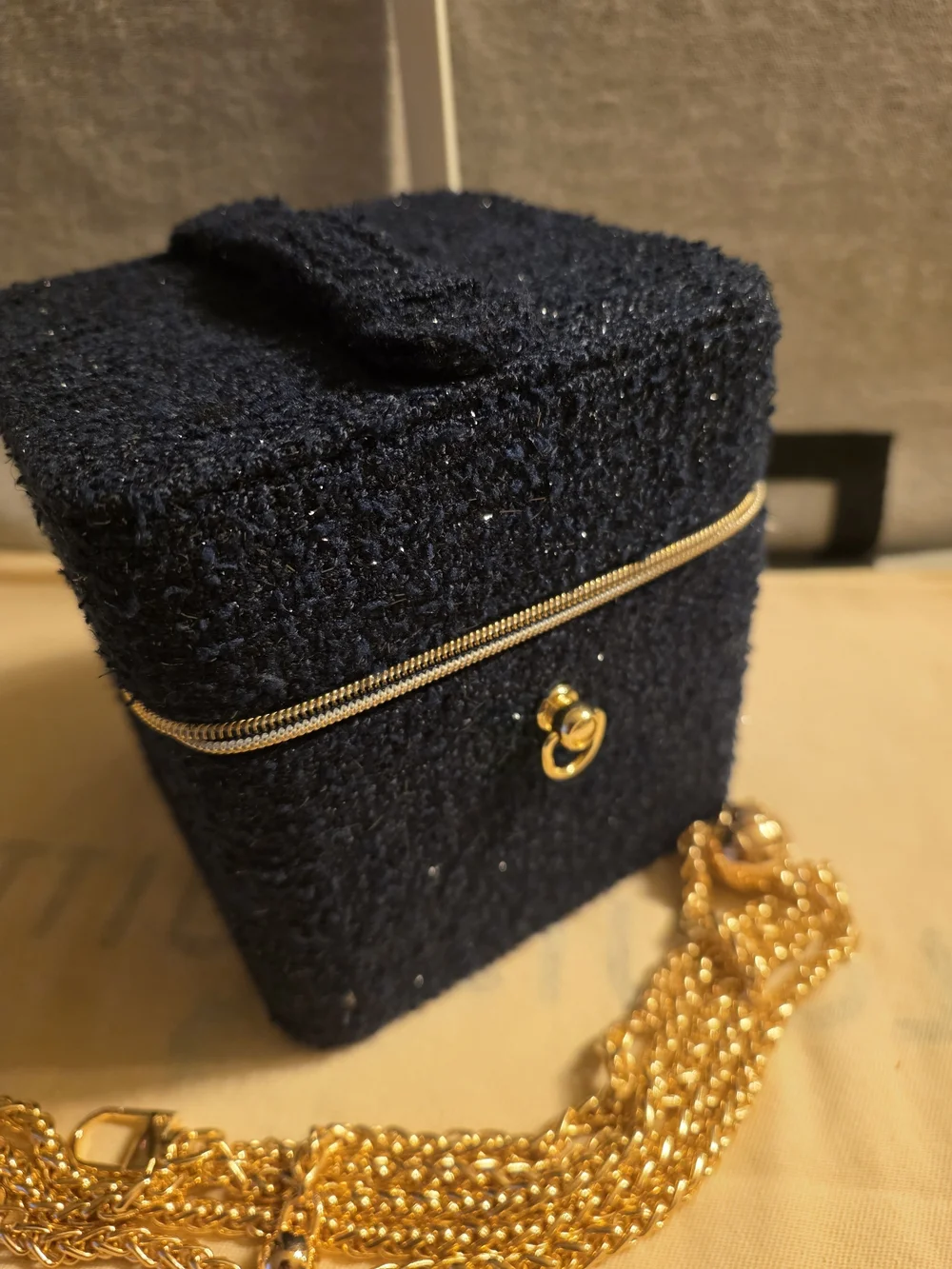 CHANEL Gold Chain Key & Card Holder with Black Tweed Case